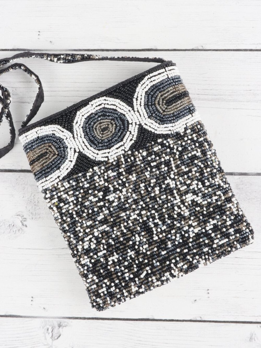 Artisan Hand Beaded Kenyan Crossbody Shoulder Bag Black White Geometric